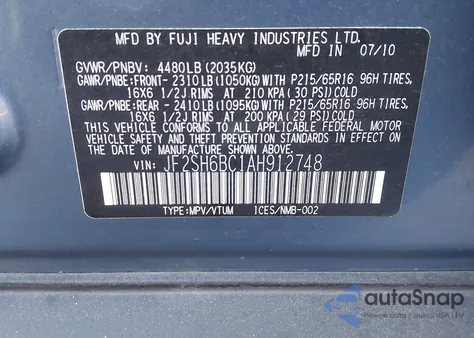 2010 Subaru Forester 2.5X from USA, damaged, VIN JF2SH6BC1AH912748